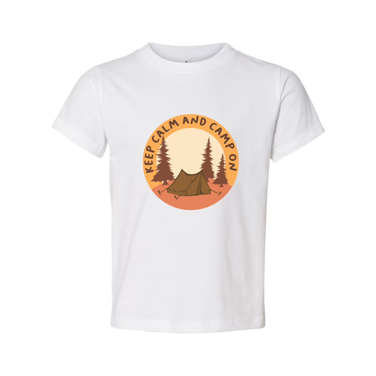 Unisex Outdoor Camping T Shirt With Tent and Pine Forest Circular Emblem in Orange