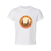 Unisex Outdoor Camping T Shirt With Tent and Pine Forest Circular Emblem in Orange