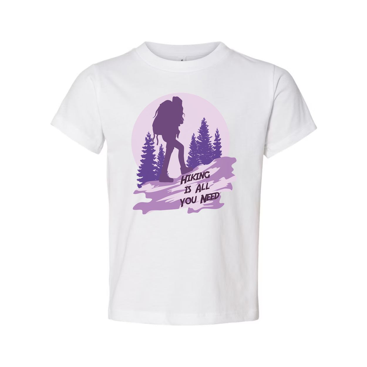 Unisex Hiking Graphic T Shirt With Silhouette Backpacker And Forest Design In Sunset Purple