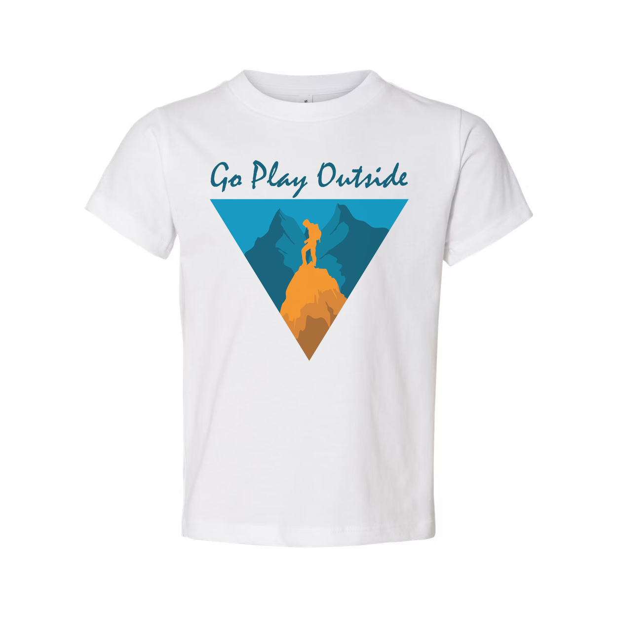 Go Play Outside Graphic T Shirt With Mountain Summit Silhouette Inside a Geometric Triangle Banner