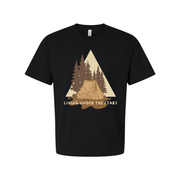 Living Under The Stars Camping Scene T-Shirt With Tent And Pine Trees For Outdoor Enthusiasts