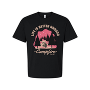 Unisex Outdoors Campfire Graphic T Shirt With Pine Forest Sunset Design For Adventure Enthusiasts