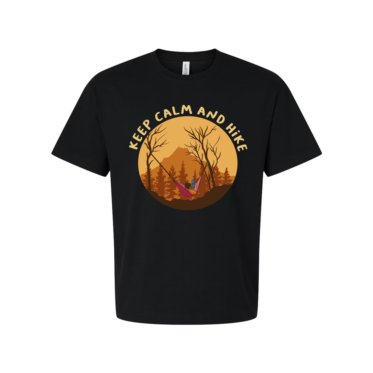 Keep Calm And Hike Graphic T Shirt With Sunset Forest Scene For Outdoor Enthusiasts