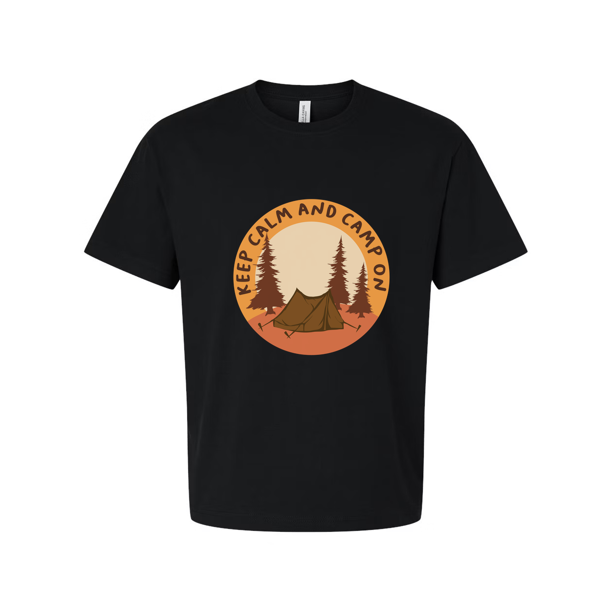 Unisex Outdoor Camping T Shirt With Tent and Pine Forest Circular Emblem in Orange