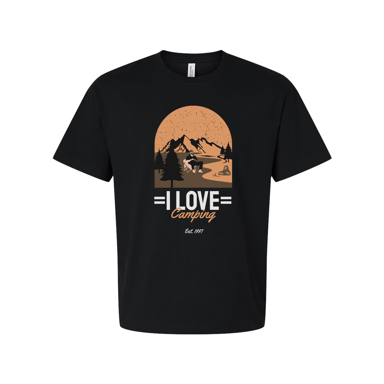 I Love Camping Graphic Unisex Tee With Mountain Range Forest And Sunset Arc For Hikers And Campers