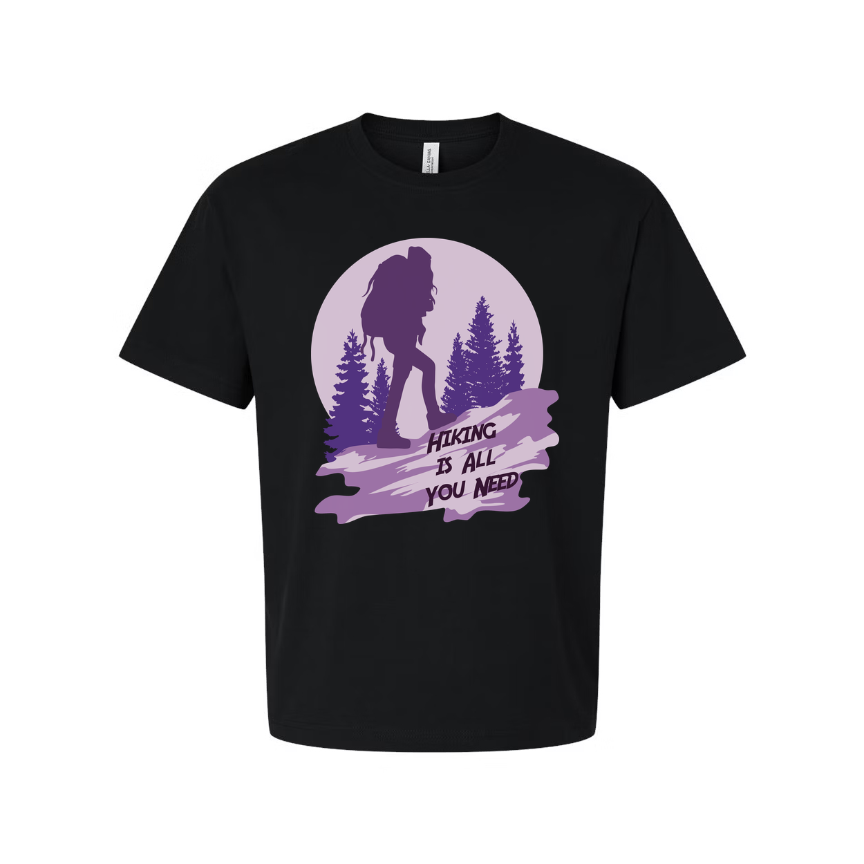 Unisex Hiking Graphic T Shirt With Silhouette Backpacker And Forest Design In Sunset Purple
