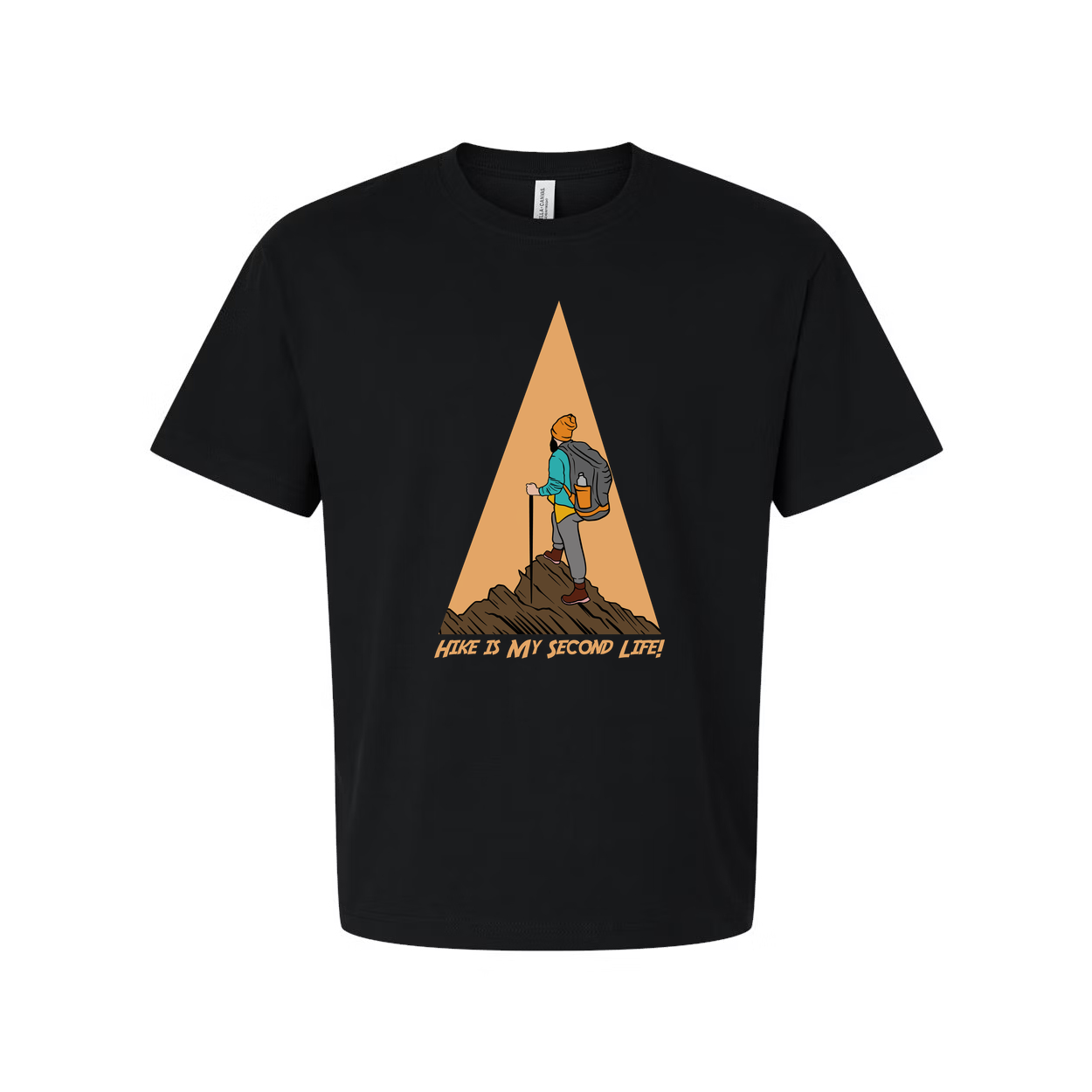 Unisex Hiking Graphic Tee With Trekking Figure And Triangular Mountain Design Print
