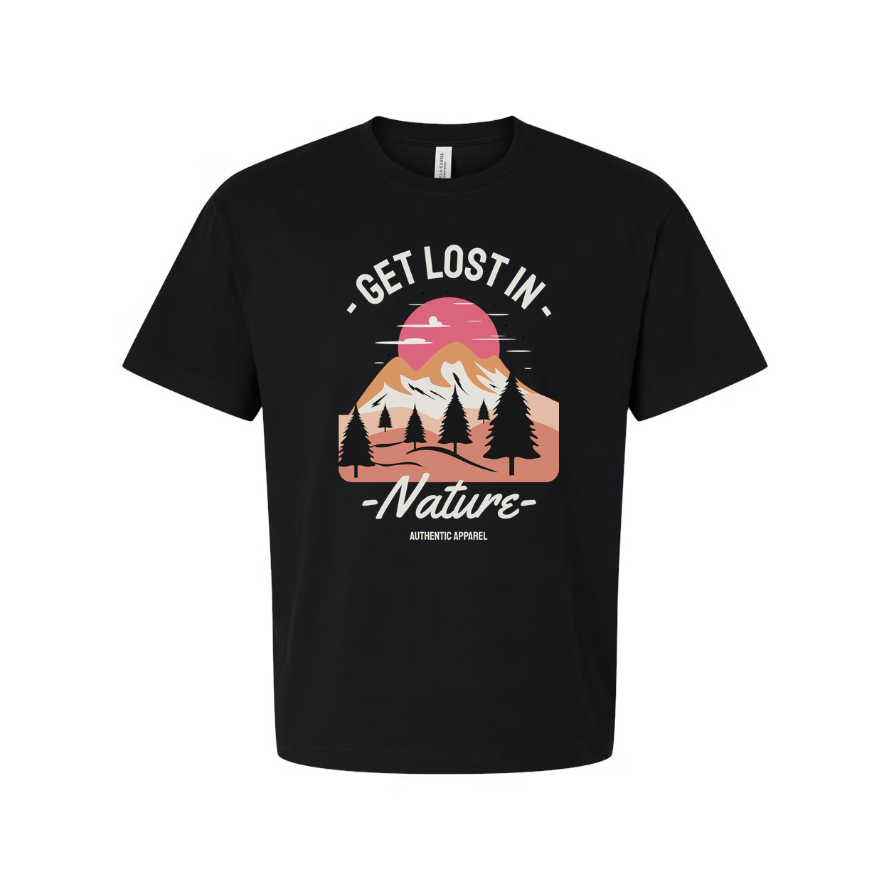 Get Lost In Nature Graphic T Shirt Featuring Sunset Mountain Range And Pine Trees