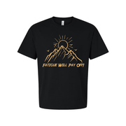 Unisex Outdoor Mountain Sunrise Graphic T Shirt With Sun Peaks And Flying Birds Design