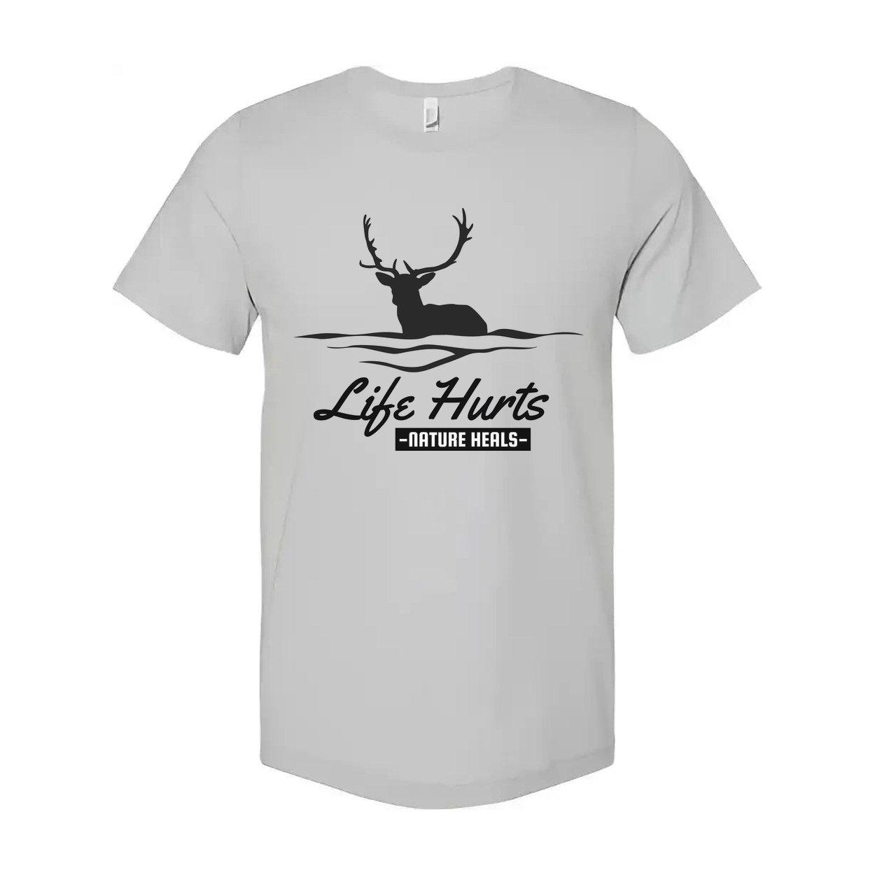 Unisex Outdoor Deer Silhouette T Shirt With Water Waves And Life Hurts Nature Heals Graphic