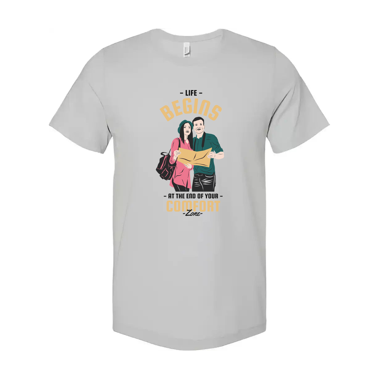 Outdoors Unisex Graphic Tee With Couple And Map Design And The Quote Life Begins At The End Of Your Comfort Zone