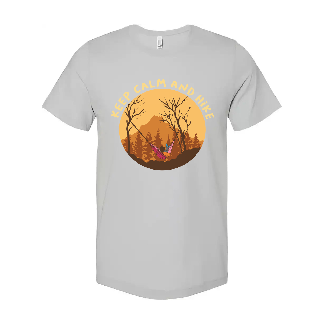 Keep Calm And Hike Graphic T Shirt With Sunset Forest Scene For Outdoor Enthusiasts