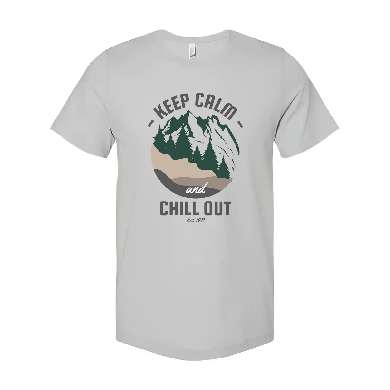 Keep Calm And Chill Out Graphic Tee With Mountain Landscape And Forest Scene Pattern