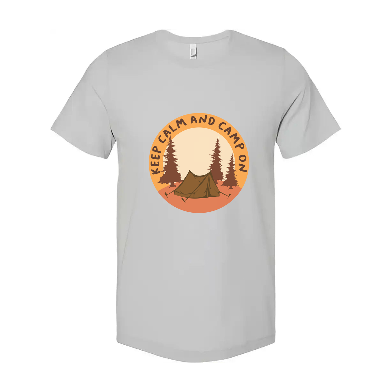 Unisex Outdoor Camping T Shirt With Tent and Pine Forest Circular Emblem in Orange