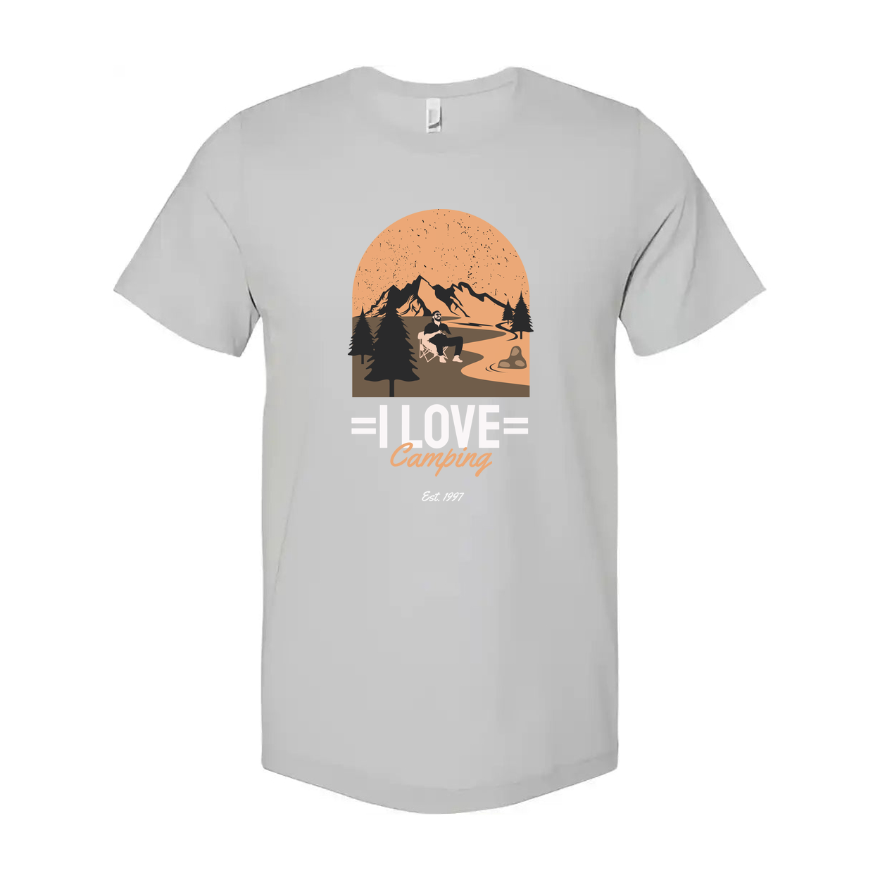 I Love Camping Graphic Unisex Tee With Mountain Range Forest And Sunset Arc For Hikers And Campers
