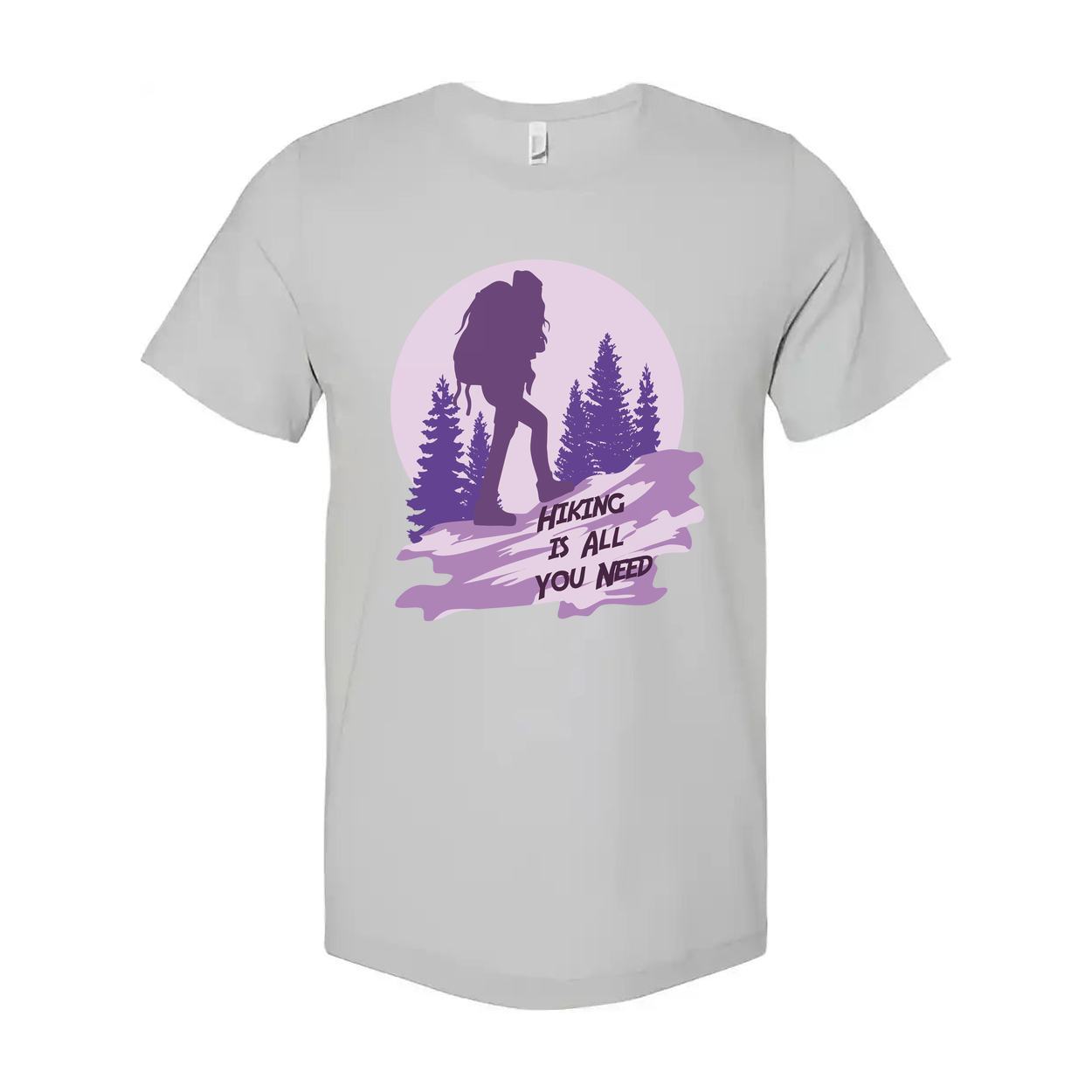 Unisex Hiking Graphic T Shirt With Silhouette Backpacker And Forest Design In Sunset Purple
