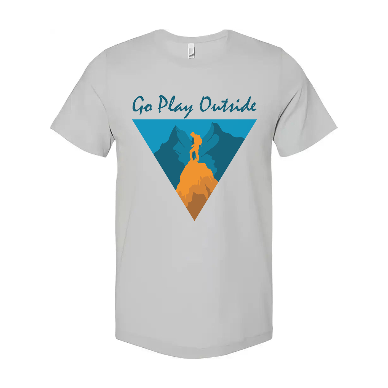 Go Play Outside Graphic T Shirt With Mountain Summit Silhouette Inside a Geometric Triangle Banner