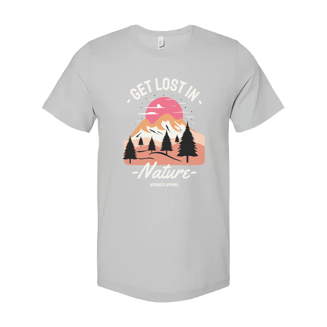 Get Lost In Nature Graphic T Shirt Featuring Sunset Mountain Range And Pine Trees