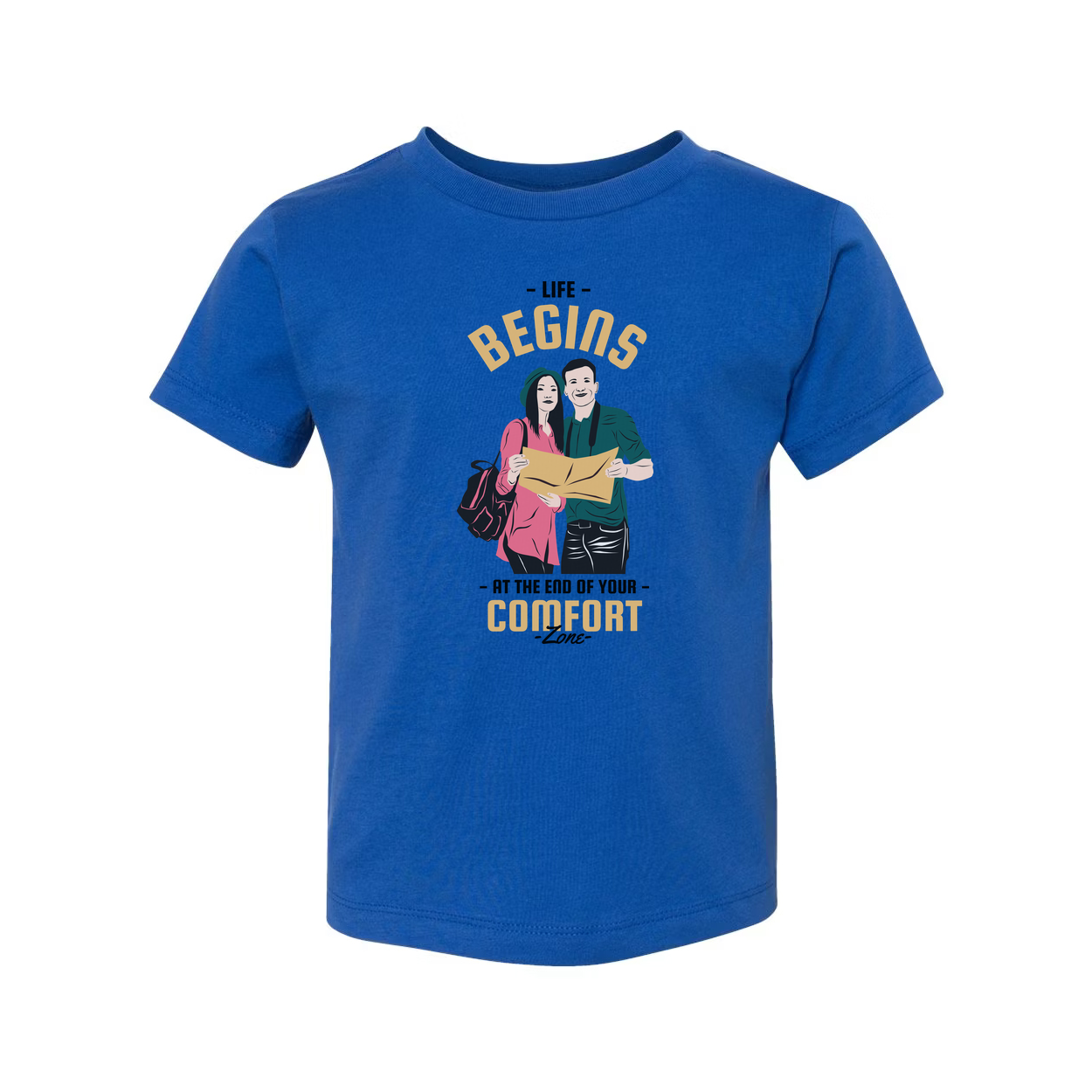 Outdoors Unisex Graphic Tee With Couple And Map Design And The Quote Life Begins At The End Of Your Comfort Zone