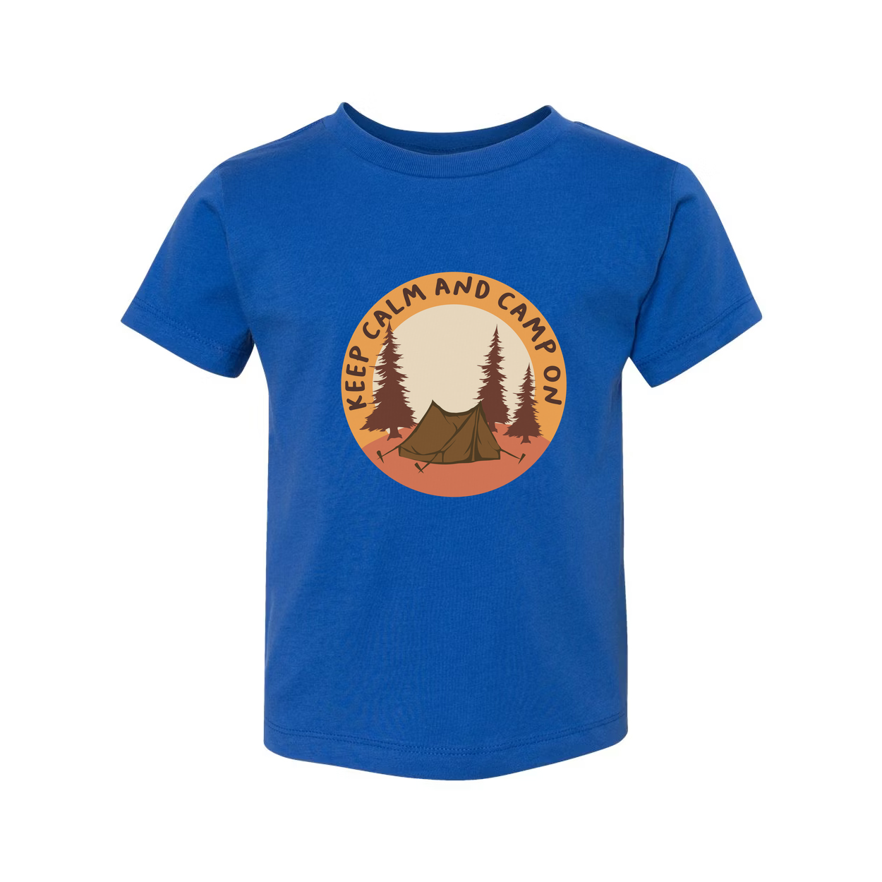 Unisex Outdoor Camping T Shirt With Tent and Pine Forest Circular Emblem in Orange