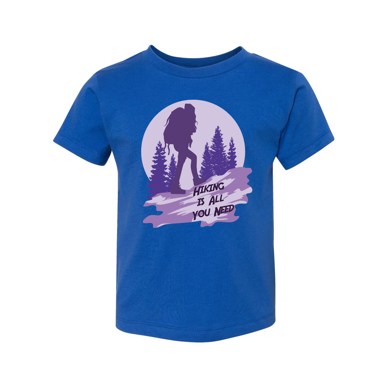 Unisex Hiking Graphic T Shirt With Silhouette Backpacker And Forest Design In Sunset Purple