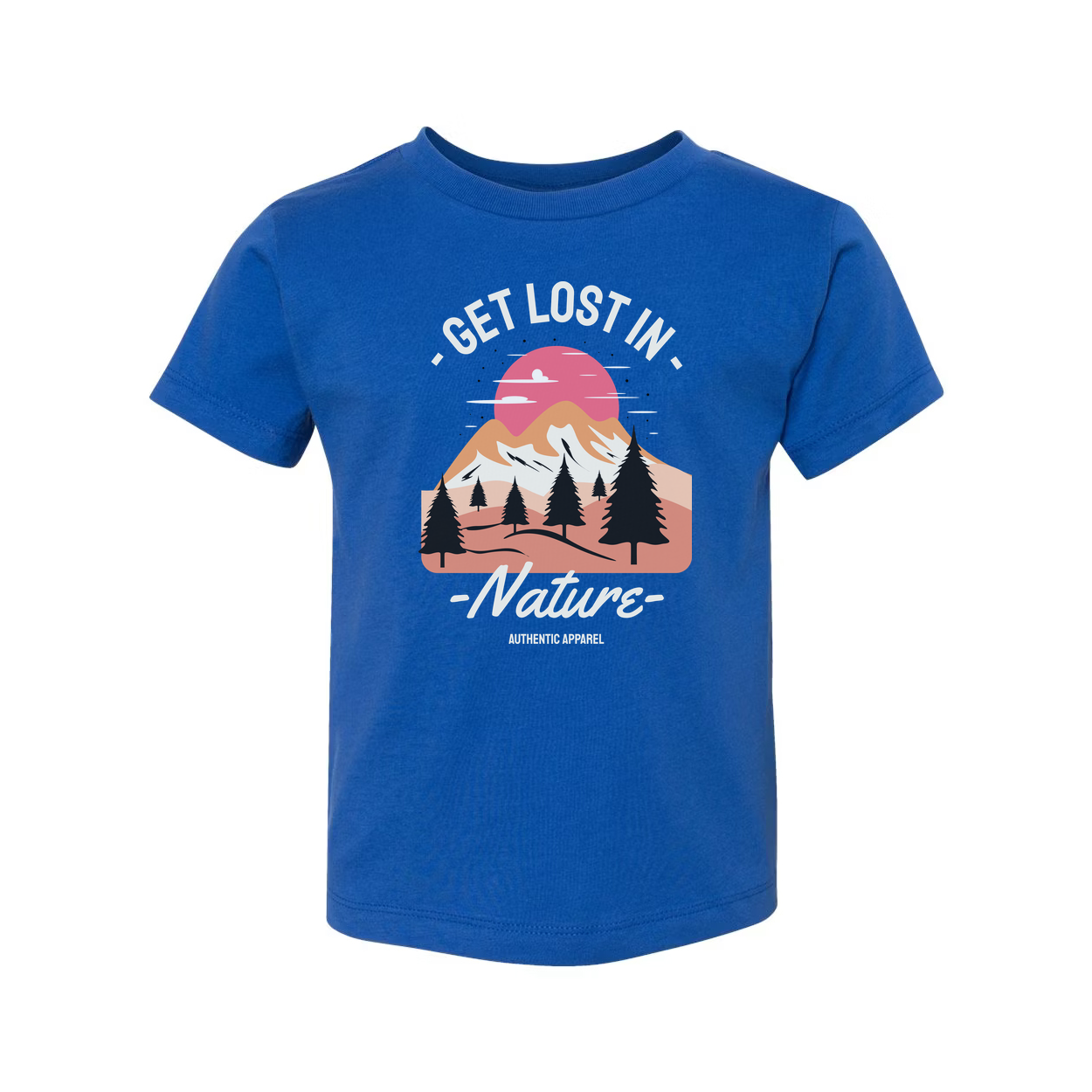 Get Lost In Nature Graphic T Shirt Featuring Sunset Mountain Range And Pine Trees