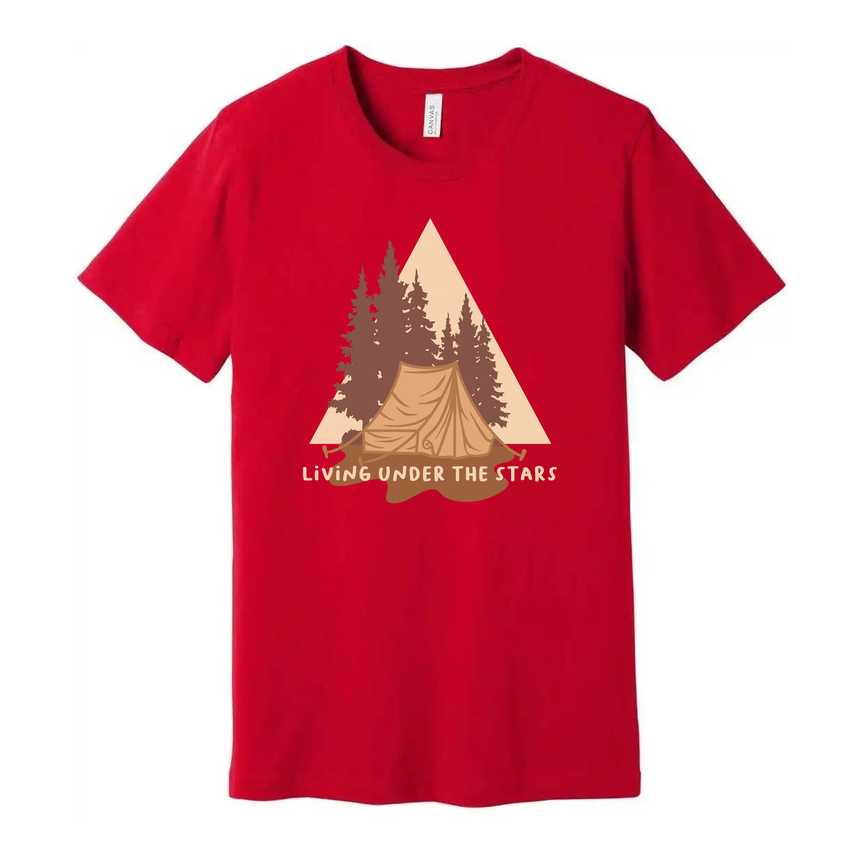 Living Under The Stars Camping Scene T-Shirt With Tent And Pine Trees For Outdoor Enthusiasts