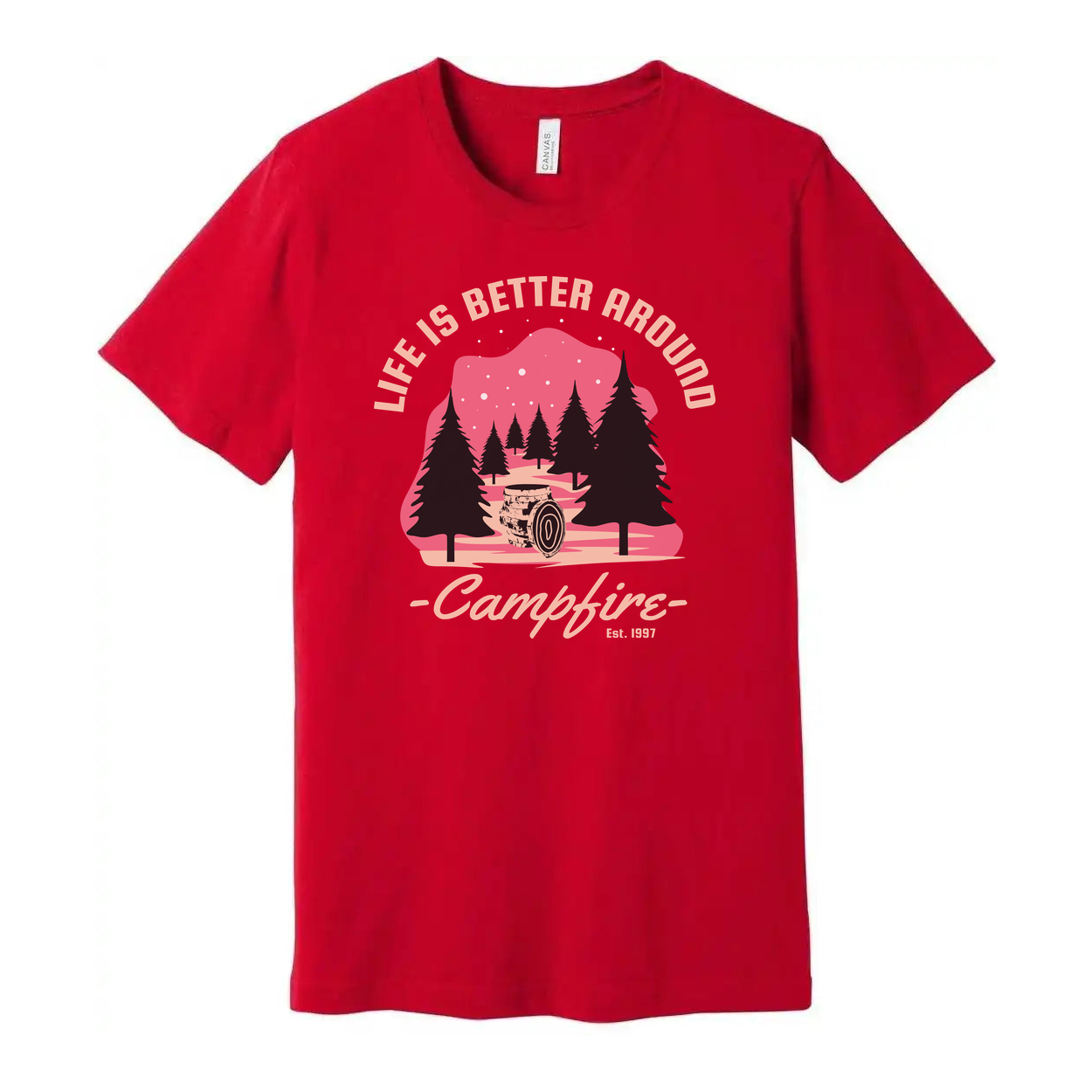 Unisex Outdoors Campfire Graphic T Shirt With Pine Forest Sunset Design For Adventure Enthusiasts