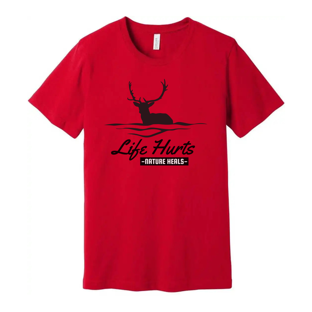 Unisex Outdoor Deer Silhouette T Shirt With Water Waves And Life Hurts Nature Heals Graphic