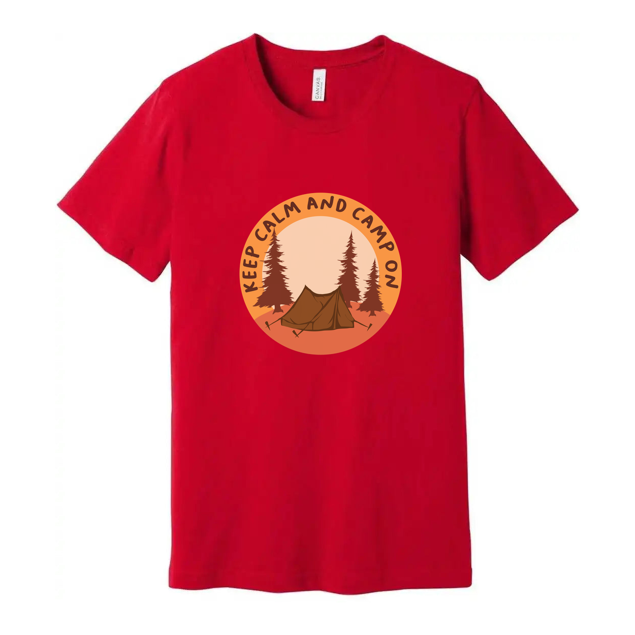 Unisex Outdoor Camping T Shirt With Tent and Pine Forest Circular Emblem in Orange