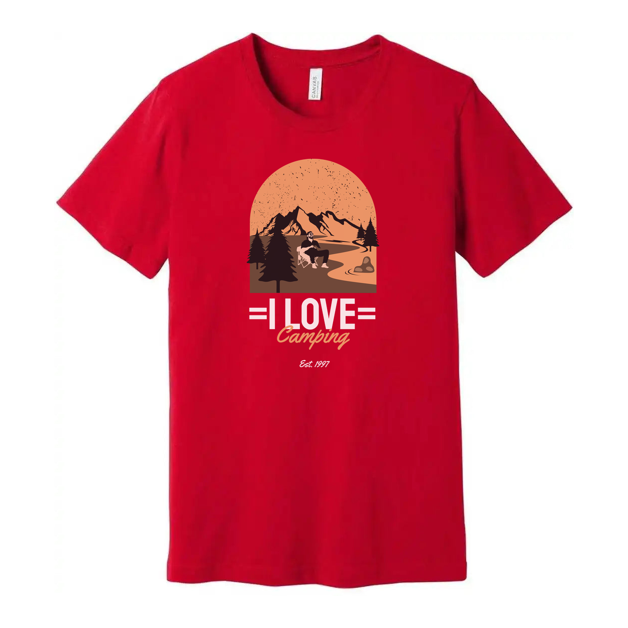 I Love Camping Graphic Unisex Tee With Mountain Range Forest And Sunset Arc For Hikers And Campers