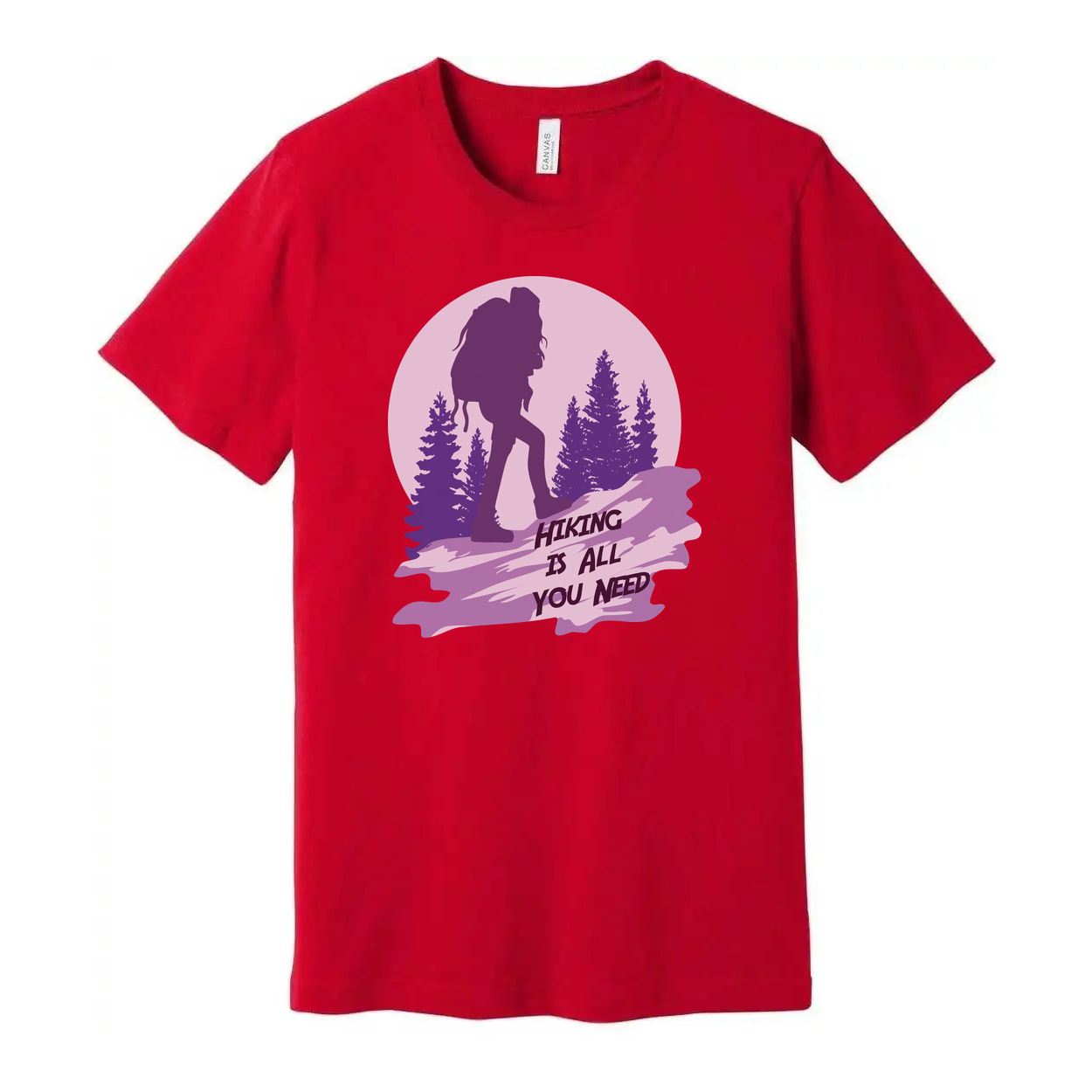Unisex Hiking Graphic T Shirt With Silhouette Backpacker And Forest Design In Sunset Purple