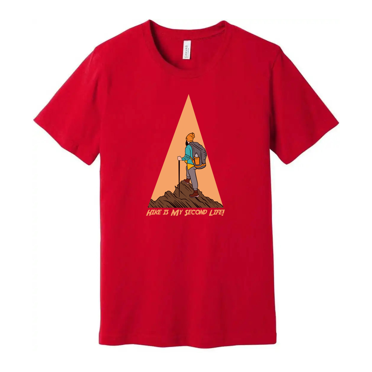 Unisex Hiking Graphic Tee With Trekking Figure And Triangular Mountain Design Print