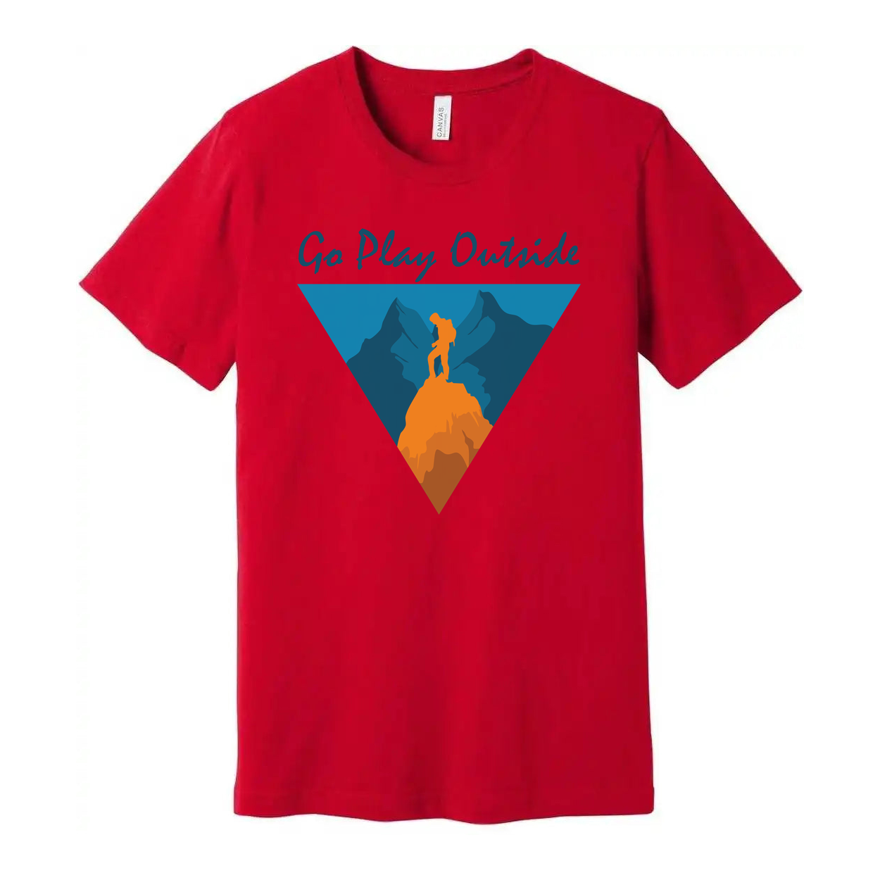 Go Play Outside Graphic T Shirt With Mountain Summit Silhouette Inside a Geometric Triangle Banner