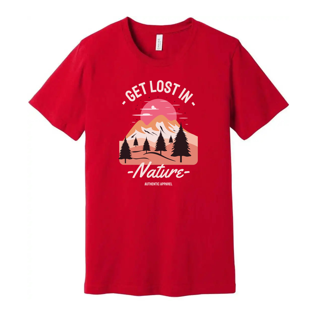 Get Lost In Nature Graphic T Shirt Featuring Sunset Mountain Range And Pine Trees