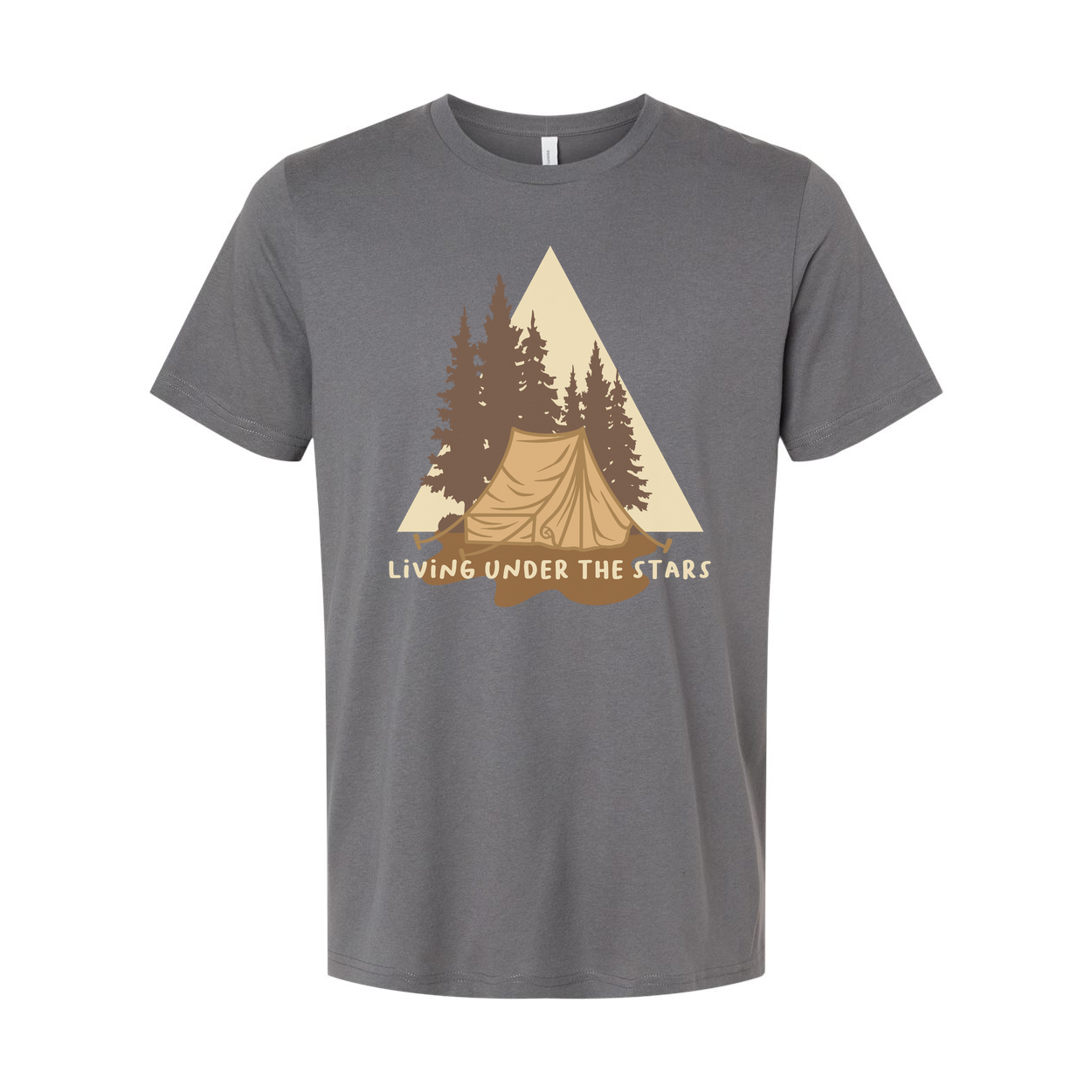 Living Under The Stars Camping Scene T-Shirt With Tent And Pine Trees For Outdoor Enthusiasts