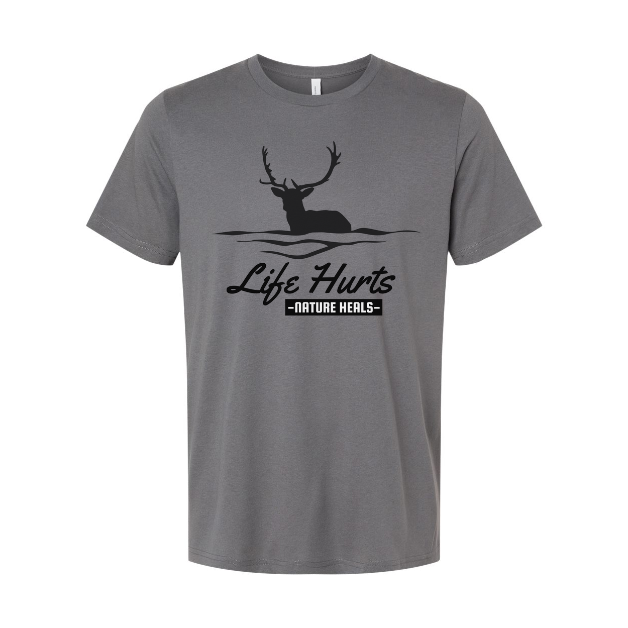 Unisex Outdoor Deer Silhouette T Shirt With Water Waves And Life Hurts Nature Heals Graphic