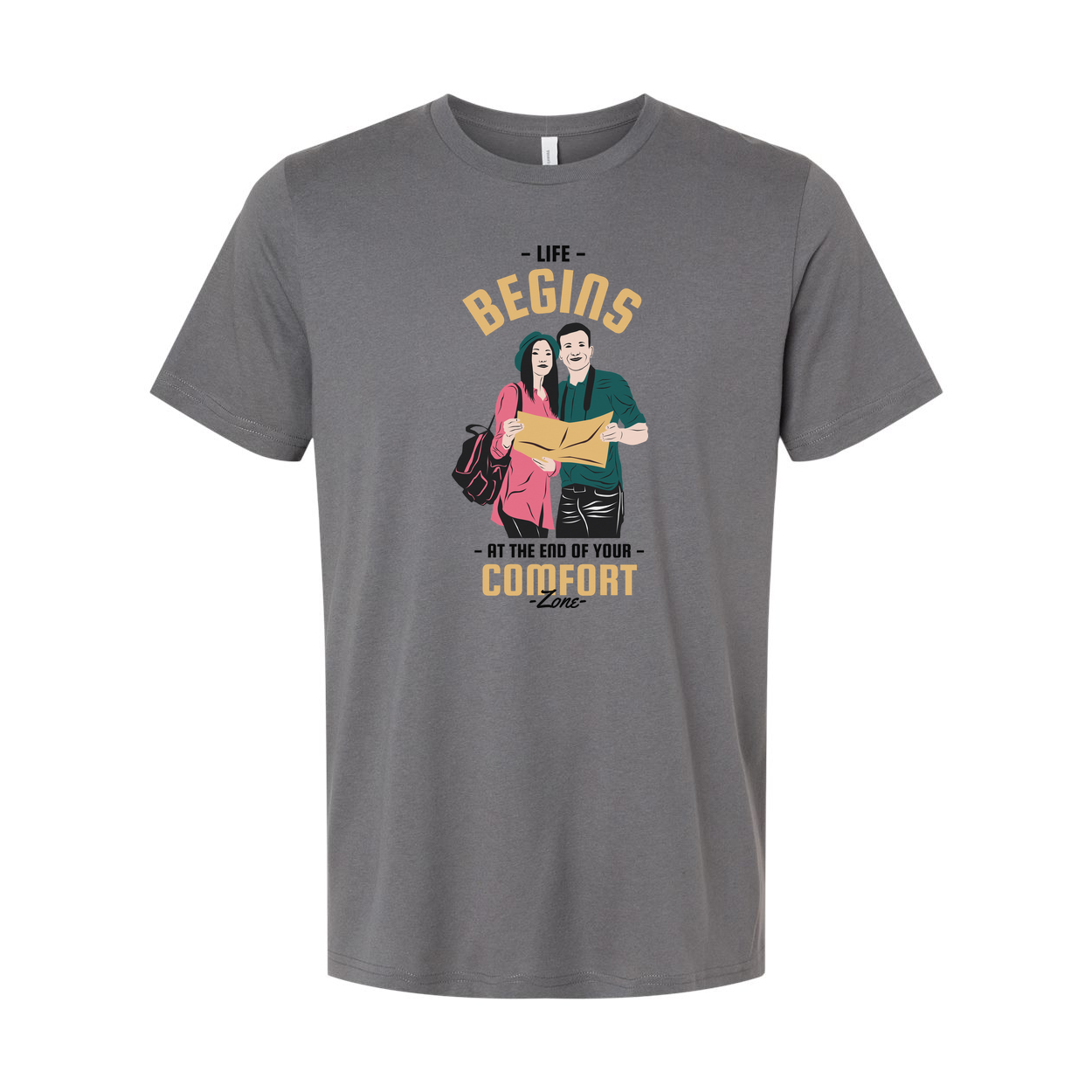 Outdoors Unisex Graphic Tee With Couple And Map Design And The Quote Life Begins At The End Of Your Comfort Zone
