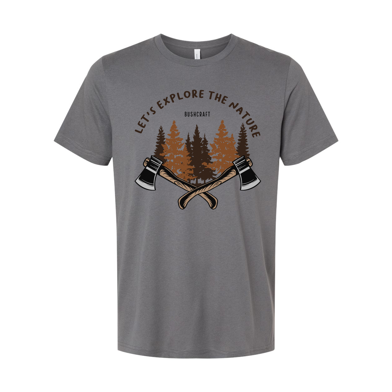Unisex Outdoor T Shirt With Forest Scene And Crossed Axes Graphic Bushcraft Design