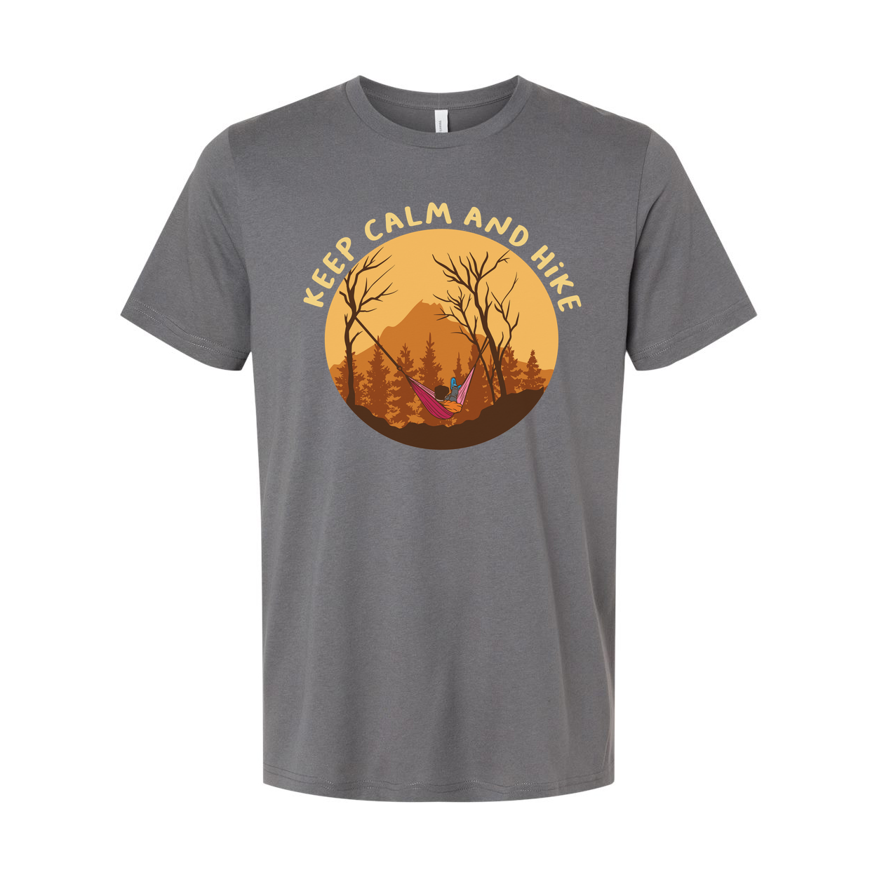Keep Calm And Hike Graphic T Shirt With Sunset Forest Scene For Outdoor Enthusiasts