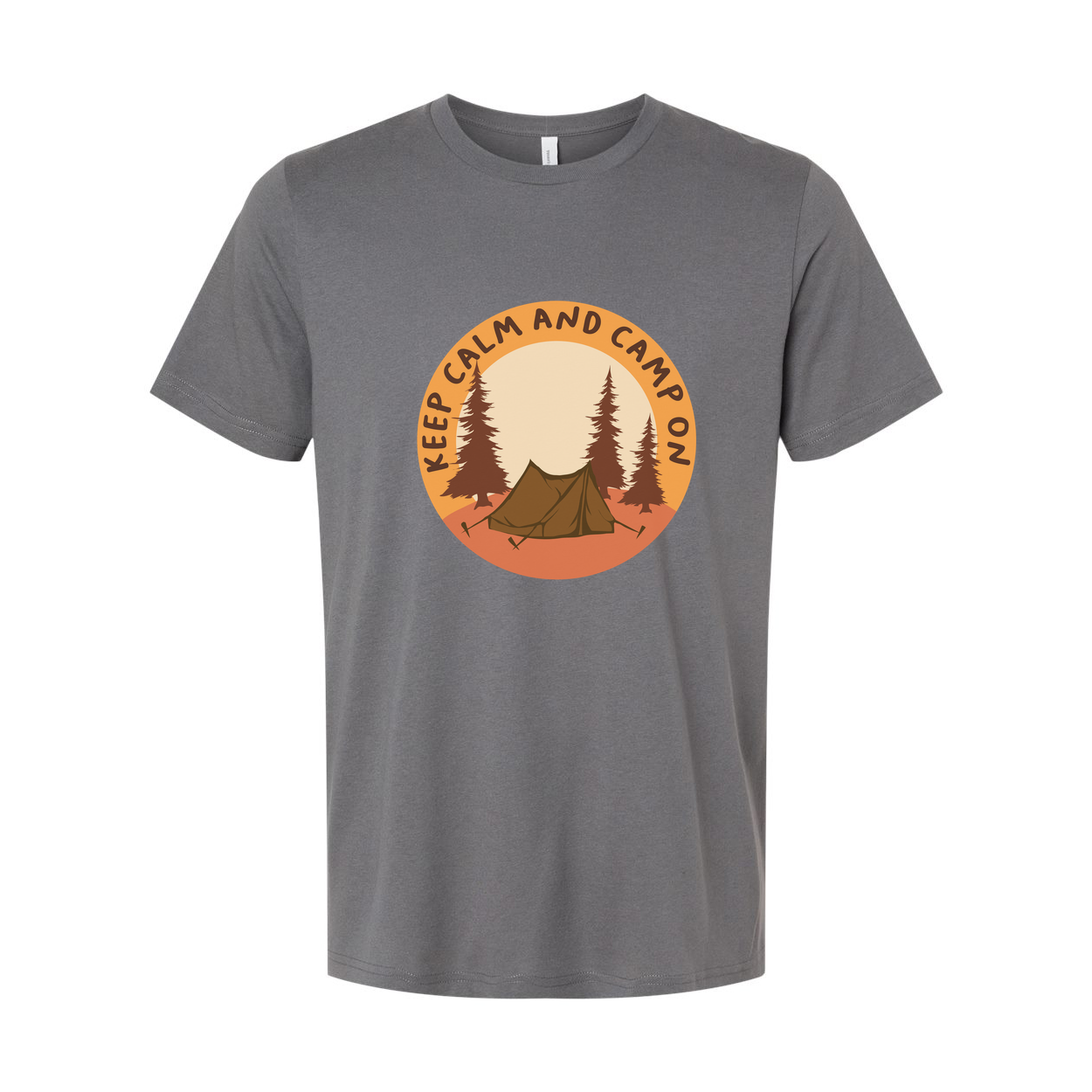 Unisex Outdoor Camping T Shirt With Tent and Pine Forest Circular Emblem in Orange