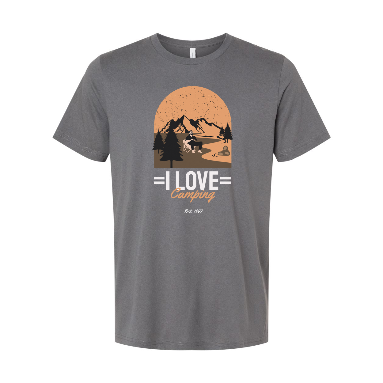 I Love Camping Graphic Unisex Tee With Mountain Range Forest And Sunset Arc For Hikers And Campers