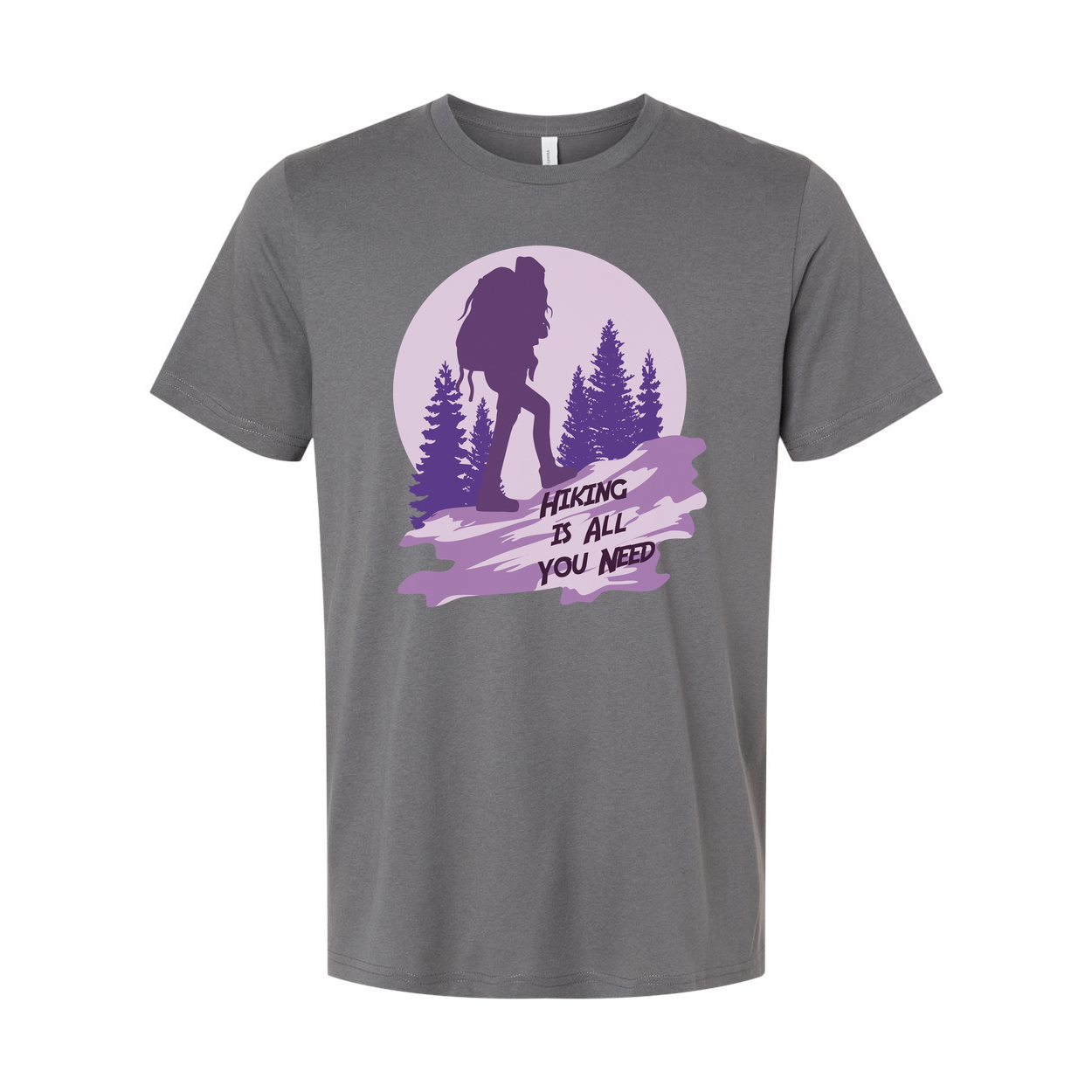 Unisex Hiking Graphic T Shirt With Silhouette Backpacker And Forest Design In Sunset Purple