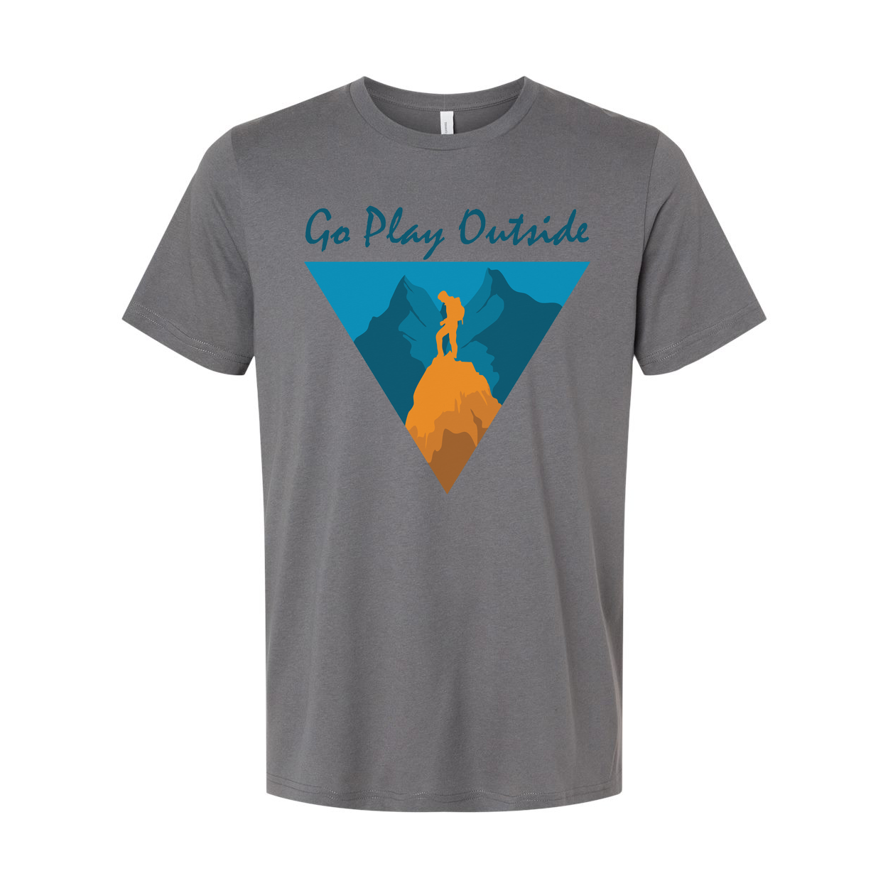 Go Play Outside Graphic T Shirt With Mountain Summit Silhouette Inside a Geometric Triangle Banner