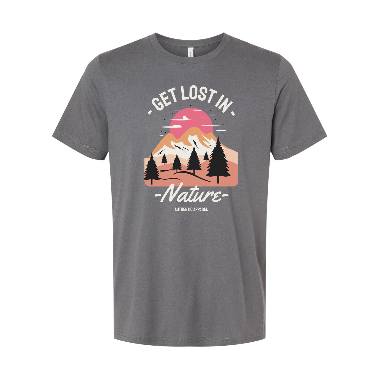 Get Lost In Nature Graphic T Shirt Featuring Sunset Mountain Range And Pine Trees