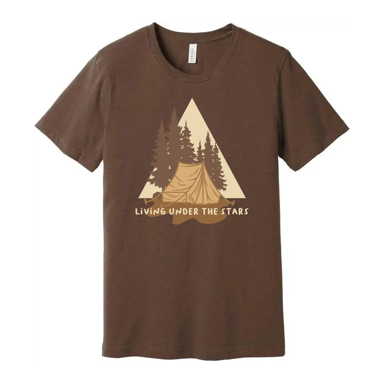 Living Under The Stars Camping Scene T-Shirt With Tent And Pine Trees For Outdoor Enthusiasts