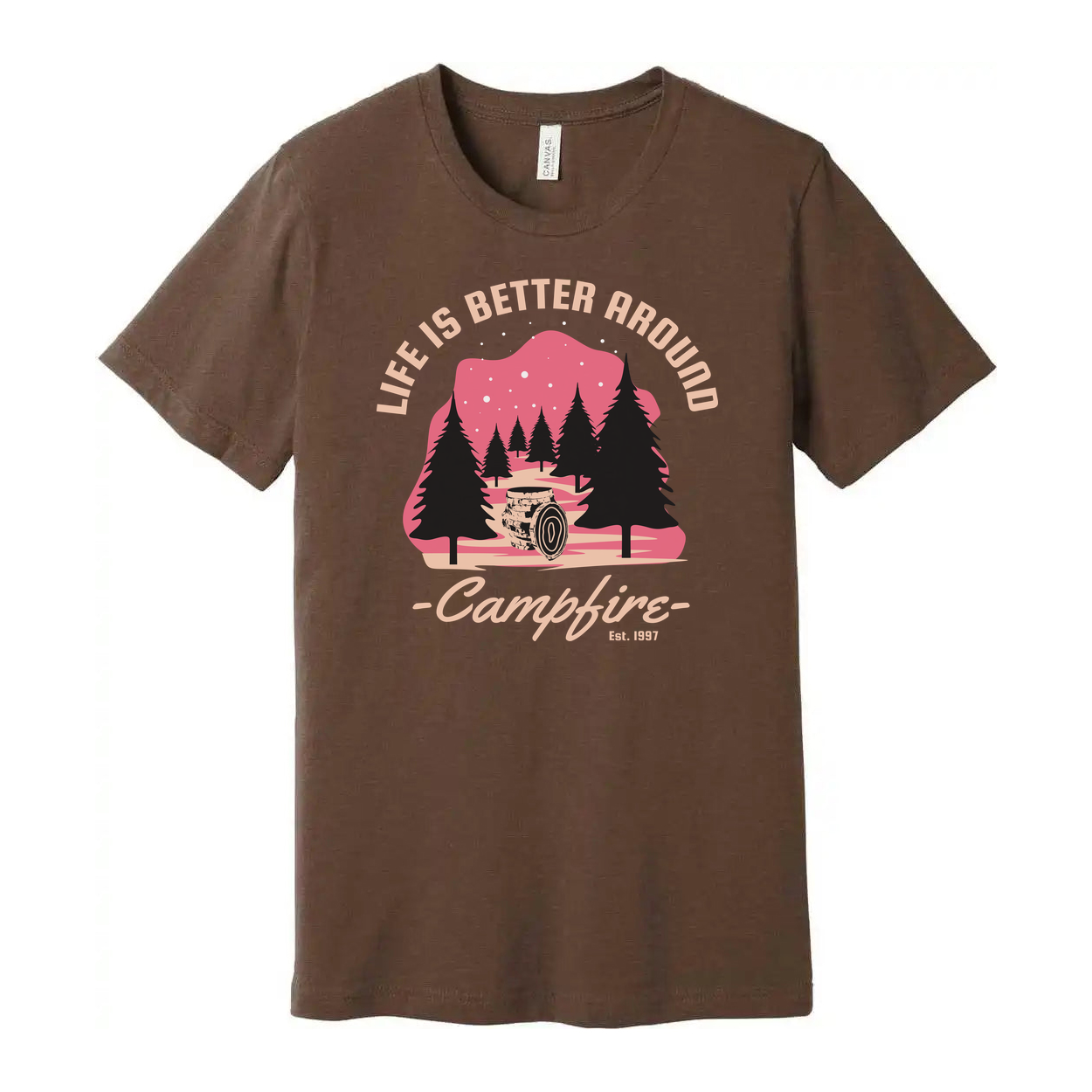 Unisex Outdoors Campfire Graphic T Shirt With Pine Forest Sunset Design For Adventure Enthusiasts