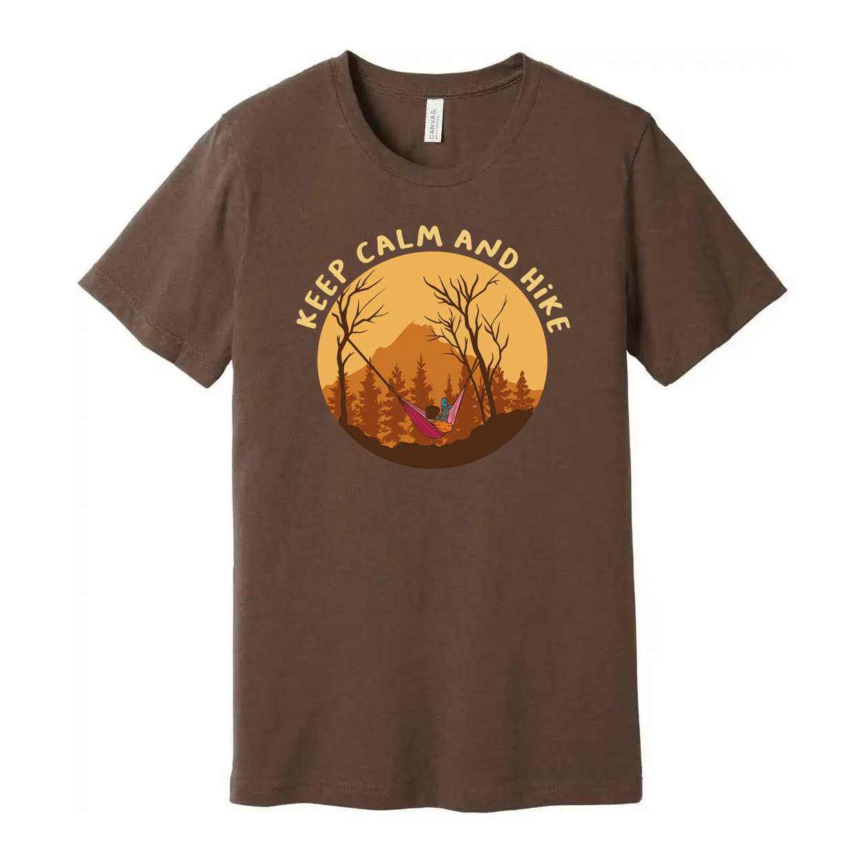 Keep Calm And Hike Graphic T Shirt With Sunset Forest Scene For Outdoor Enthusiasts