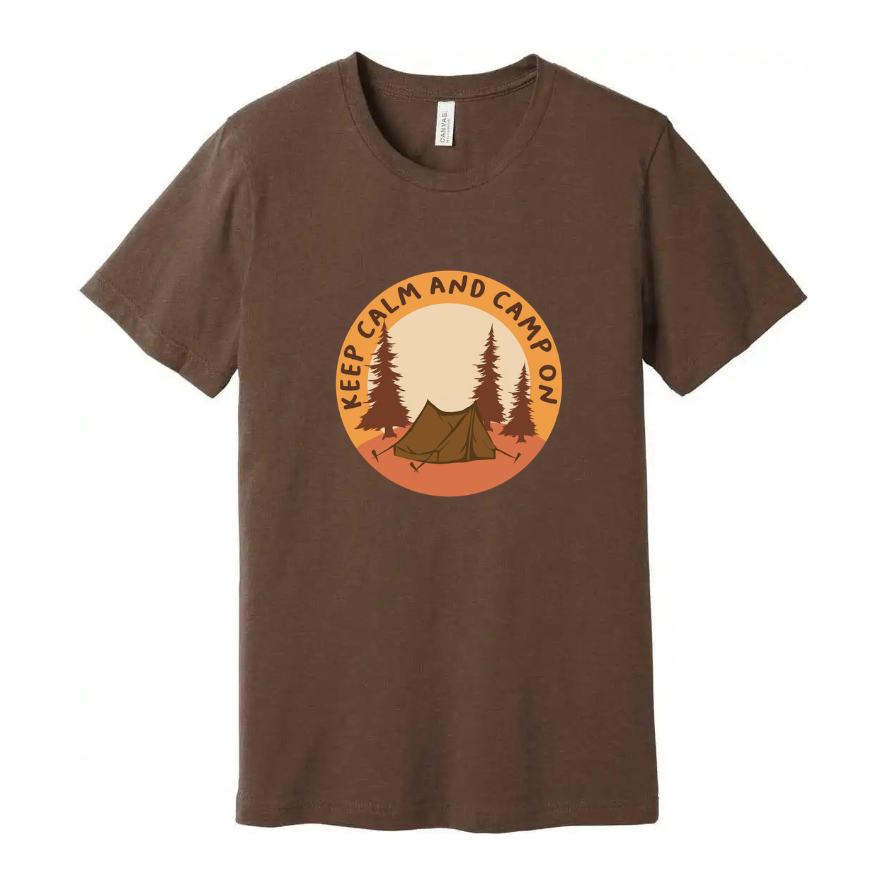 Unisex Outdoor Camping T Shirt With Tent and Pine Forest Circular Emblem in Orange