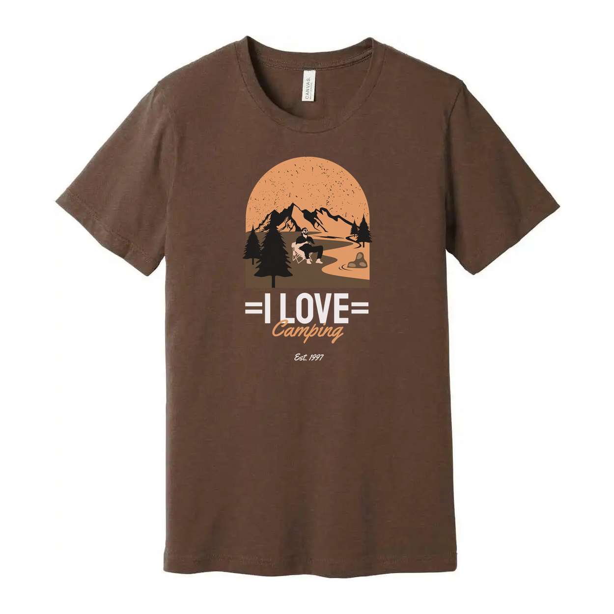 I Love Camping Graphic Unisex Tee With Mountain Range Forest And Sunset Arc For Hikers And Campers
